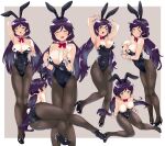  1girl animal_ears aqua_eyes bangs black_legwear black_leotard border bow bowtie breasts cleavage closed_eyes cowboy_shot detached_collar facing_viewer feet_out_of_frame full_body grey_background highres kurokawa_makoto large_breasts leotard long_hair looking_at_viewer love_live! love_live!_school_idol_project low_twintails multiple_views pantyhose parted_bangs playboy_bunny purple_hair rabbit_ears rabbit_tail red_bow red_bowtie sitting standing strapless strapless_leotard swept_bangs tail thighband_pantyhose toujou_nozomi twintails two-tone_background white_border wrist_cuffs yokozuwari 