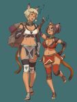  2girls :d animal_ear_fluff animal_ears aqua_background avatar_(ff11) backpack bag black_gloves blonde_hair blue_eyes breasts brown_hair cat_ears cat_girl cat_tail cleavage dark-skinned_female dark_skin elbow_gloves facial_mark final_fantasy final_fantasy_xi fingerless_gloves full_body gloves hair_tubes large_breasts leg_up loincloth looking_at_another medium_breasts mithra_(ff11) multiple_girls navel no_eyebrows short_hair simple_background smile standing standing_on_one_leg tail teeth toeless_footwear yuccoshi 
