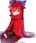  1girl alternate_hair_length alternate_hairstyle bangs blue_bow blush bow cloak commentary eyebrows_visible_through_hair hair_bow highres long_hair long_sleeves looking_at_viewer nagai_riku red_cloak red_eyes red_hair red_skirt ribbon-trimmed_bow sekibanki short_hair skirt sleeves_past_wrists solo sweatdrop touhou white_background 