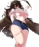  1girl :d absurdres ahoge bandaid bandaid_on_leg bandaids_on_nipples belt black_hair blue_shorts breasts commission crop_top crop_top_overhang cutoffs denim denim_shorts fang feathered_wings from_below hand_up highres huge_ahoge large_breasts long_hair looking_at_viewer low_wings messy_hair micro_shorts midriff navel original pasties red_eyes shirt short_shorts short_sleeves shorts simple_background smile sohee20 solo stomach thighs underboob very_long_hair white_background white_shirt wings 