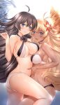  2girls absurdres ahoge ass bangs bikini black_bikini black_hair blonde_hair blue_eyes breast_press breasts closed_mouth criss-cross_halter flower granblue_fantasy hair_flower hair_ornament halluel_(granblue_fantasy) halterneck hataraki_kuma highres large_breasts long_hair malluel_(granblue_fantasy) mismatched_bikini multiple_girls open_mouth smile standing straddling swimsuit tan white_bikini wings 