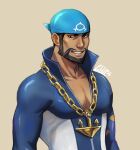  1boy anchor_necklace archie_(pokemon) beard blue_bandana blue_bodysuit bodysuit brown_hair chain_necklace chips_n_cookies commentary dark-skinned_male dark_skin facial_hair logo male_focus multicolored_bodysuit multicolored_clothes muscular muscular_male mustache pectoral_cleavage pectorals pokemon pokemon_(game) pokemon_oras popped_collar short_hair signature smile solo team_aqua teeth torn_bodysuit torn_clothes upper_body wetsuit white_bodysuit 