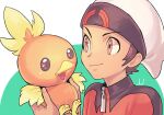  1boy beanie brendan_(pokemon) brown_eyes brown_hair closed_mouth commentary_request dolustoy hands_up hat holding holding_pokemon jacket male_focus pokemon pokemon_(creature) pokemon_(game) pokemon_oras red_jacket short_hair signature smile torchic upper_body white_headwear zipper_pull_tab 