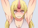  1girl absurdres armpits blonde_hair blush breasts cleavage clenched_teeth collarbone commentary_request highres horns hoshiguma_yuugi large_breasts oni oni_horns red_eyes shirt single_horn sleeveless sleeveless_shirt solo suwaneko sweat tank_top tears teeth toned touhou upper_body white_shirt 