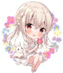  1girl amedamacon animal bangs blue_flower bow braid bunny chibi commentary_request dress eyebrows_visible_through_hair flower full_body grey_hair hair_between_eyes hair_bow highres holding holding_flower long_hair looking_at_viewer original pink_flower puffy_short_sleeves puffy_sleeves purple_flower red_eyes red_flower shoes short_sleeves sitting solo twintails very_long_hair white_background white_bow white_dress white_flower white_footwear 