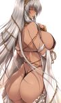  1girl arm_between_breasts ass back between_breasts bikini blush breasts chain closed_eyes crown cuffs dark-skinned_female dark_skin elbow_gloves eyebrows_visible_through_hair fate/grand_order fate_(series) g-string gloves gold_chain highleg highleg_bikini highres large_breasts long_hair open_mouth platinum_blonde_hair solo swimsuit thong tsukasawa_takamatsu white_background zenobia_(fate) 