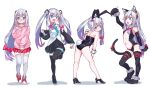  1girl animal_ears aqua_eyes aqua_necktie ass black_legwear black_leotard blush boots bow cat_ears cat_tail center_opening closed_mouth cosplay detached_sleeves elbow_gloves eromanga_sensei fake_animal_ears fake_tail fang fate/kaleid_liner_prisma_illya fate_(series) gloves hair_bow hatsune_miku hatsune_miku_(cosplay) headphones headset high_heels highres hood hoodie illyasviel_von_einzbern izumi_sagiri kittysuit leotard long_hair long_sleeves looking_at_viewer miniskirt multiple_views navel necktie open_mouth pink_bow playboy_bunny pleated_skirt print_hoodie rabbit_ears rabbit_tail re:ankh_(mrsz4523) red_skirt silver_hair simple_background skin_fang skirt sleeveless sparkle standing strapless strapless_leotard tail thigh_boots thighhighs twintails variations very_long_hair vocaloid white_background wrist_cuffs 