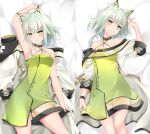  1girl animal_ear_fluff animal_ears arknights arm_up armpits ass_visible_through_thighs bare_shoulders bed_sheet blush breasts bright_pupils cat_ears closed_mouth collar collarbone dakimakura_(medium) dress eyebrows_visible_through_hair feet_out_of_frame from_above green_dress green_eyes green_hair head_tilt highres kal&#039;tsit_(arknights) labcoat long_sleeves lying masabodo medium_breasts multiple_views off_shoulder on_back on_bed open_clothes oripathy_lesion_(arknights) parted_lips see-through short_hair smile v-shaped_eyebrows 