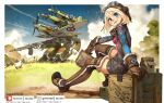  1girl ammunition black_shorts blonde_hair blue_eyes boots box breasts british_air_force brown_footwear brown_gloves cloud english_commentary freckles fur_trim gerwalk gloves gun gunpod holding holding_gun holding_weapon looking_at_viewer machine_gun macross mask mask_around_neck mecha mechanization original parody parted_lips pink_shirt propeller redesign sheep shirt short_shorts shorts sky small_breasts smile solo_focus spitfire_(airplane) style_parody thigh_boots thighhighs variable_fighter vf-1_super weapon xaxaxa 