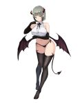  1girl bare_shoulders bario black_gloves black_legwear black_panties breasts collared_shirt crop_top demon_girl demon_horns demon_tail demon_wings elbow_gloves full_body gloves grey_hair hand_up highres horns large_breasts looking_at_viewer navel neck_ribbon no_pants no_shoes orange_eyes original panties pointy_ears revealing_clothes ribbon shirt short_hair side-tie_panties simple_background sleeveless sleeveless_shirt solo stomach string_panties tail thighhighs thighs underwear white_background white_shirt wings 