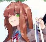  1girl alternate_hairstyle bangs blazer brown_hair brown_jacket brown_vest collared_shirt commission doki_doki_literature_club eyebrows_behind_hair green_eyes holding holding_ribbon jacket licking long_hair monika_(doki_doki_literature_club) neck_ribbon odakojirou one_eye_closed red_ribbon ribbon school_uniform shirt solo vest white_ribbon 