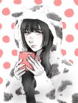  1boy animal_hood animal_print arisa_(yuki_touko) bangs black_hair blunt_bangs blush cow_horns cow_print cup grey_eyes highres holding holding_cup hood hoodie horns lips long_hair male_focus mole mole_under_eye mole_under_mouth mug original polka_dot polka_dot_background solo yuki_touko 