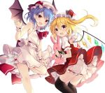  2girls ascot bat_wings black_legwear blue_hair blush brooch crystal eyebrows_visible_through_hair fang feet_out_of_frame flandre_scarlet hair_between_eyes hat highres holding holding_stuffed_toy jewelry long_hair mob_cap multiple_girls one_side_up open_mouth pink_headwear pink_skirt pink_vest puffy_short_sleeves puffy_sleeves purple_hair red_ascot red_eyes red_skirt red_vest remilia_scarlet ruhika short_hair short_sleeves siblings simple_background sisters skirt smile stuffed_animal stuffed_bunny stuffed_toy thighhighs touhou twitter_username vest white_background white_headwear wings 