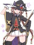  1girl :o animal_ear_headwear boots brown_hair check_commentary commentary_request contrapposto cowboy_shot durindana_7 gloves hair_rings hand_on_hip hat highres long_hair long_sleeves looking_at_viewer pleated_skirt skirt solo standing sweep_tosho_(umamusume) thigh_boots thighhighs umamusume very_long_hair white_background white_gloves white_skirt wide_sleeves witch_hat 