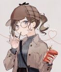  1girl bag blue_eyes breasts brown_hair brown_headwear brown_jacket commentary dated deerstalker food food_in_mouth grey_background grey_sweater hair_ornament hairclip hands_up hat heart holding holding_food horiizumi_inko jacket long_sleeves looking_at_viewer open_clothes open_jacket original plaid_headwear pocky pocky_day polka_dot polka_dot_background ponytail ribbed_sweater shoulder_bag simple_background sleeves_past_wrists small_breasts solo sweater symbol-only_commentary upper_body x_hair_ornament 