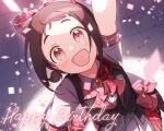  1girl bad_id bad_twitter_id black_vest bonn bow brown_hair collared_shirt crying crying_with_eyes_open from_above hair_bow hairband happy_birthday idolmaster idolmaster_cinderella_girls looking_at_viewer muramatsu_sakura pink_bow pink_eyes ribbon shirt short_sleeves solo sweat tears twintails vest white_shirt 