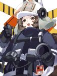  1girl :o animal_ears arknights black_gloves black_jacket brown_hair firefighter gas_mask gloves helmet highres holding jacket long_sleeves looking_at_viewer mask open_mouth raccoon_ears raccoon_girl raccoon_tail shaw_(arknights) short_hair solo tail upala_(5467913) v-shaped_eyebrows walkie-talkie white_background 