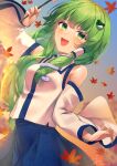  1girl :d arm_up autumn_leaves bangs bare_shoulders blue_skirt blush breasts collared_shirt commentary dated detached_sleeves evening fingernails frog_hair_ornament gohei green_eyes green_hair hair_ornament happy highres kisamu_(ksmz) kochiya_sanae large_breasts long_hair long_sleeves looking_at_viewer nontraditional_miko open_mouth shirt sidelocks signature skirt smile snake_hair_ornament solo standing teeth touhou upper_body upper_teeth white_shirt wide_sleeves wing_collar 