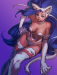  1girl :3 :d animal_ear_fluff animal_ears animal_hands bare_shoulders big_hair blue_hair body_fur breasts cat_ears cat_girl cat_tail claws collarbone felicia_(vampire) gradient gradient_background long_hair looking_at_viewer medium_breasts navel purple_background purple_eyes slit_pupils smile solo tail vampire_(game) very_long_hair yuccoshi 