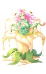  1girl absurdres alraune alraune_(existence) breasts colored_skin existence fingernails flower green_eyes green_skin highres honey large_breasts long_fingernails long_hair looking_at_viewer monster_girl navel open_mouth penis_tentacles pinchuu pink_hair plant_girl reaching_out second-party_source solo stamen tentacles vine_tentacle wavy_hair white_background white_flower 