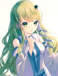  1girl :d arm_up bangs bare_shoulders blue_skirt blush breasts collared_shirt commentary_request dated detached_sleeves finger_to_mouth fingernails frog_hair_ornament green_eyes green_hair hair_ornament happy highres kisamu_(ksmz) kochiya_sanae large_breasts long_hair long_sleeves looking_at_viewer nontraditional_miko open_mouth shirt sidelighting sidelocks simple_background skirt smile snake_hair_ornament solo standing teeth touhou upper_body upper_teeth white_background white_shirt wide_sleeves wing_collar 