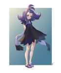  1girl acerola_(pokemon) arms_behind_back bangs blush border closed_mouth commentary_request dress eyelashes flip-flops flipped_hair full_body grey_eyes hair_ornament hairclip highres korean_commentary long_hair mongguri multicolored_clothes multicolored_dress outside_border pokemon pokemon_(game) pokemon_sm purple_hair sandals short_sleeves smile solo standing stitches toes topknot torn_clothes torn_dress white_border 