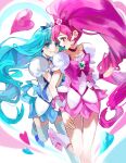  2girls absurdly_long_hair blue_bow blue_choker blue_eyes blue_hair blue_legwear blue_skirt bow choker collarbone cure_blossom cure_marine earrings eye_contact floating_hair hair_bow hanasaki_tsubomi hands_on_another&#039;s_shoulders heartcatch_precure! high_ponytail highres jewelry kurumi_erika leg_up long_hair looking_at_another miniskirt multiple_girls nani_(s2_nani) pink_bow pink_hair pink_skirt precure red_choker red_eyes shirt short_sleeves sketch skirt thighhighs very_long_hair white_shirt zettai_ryouiki 