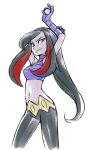  1girl black_hair breasts closed_mouth crop_top gloves highres holding holding_poke_ball long_hair looking_at_viewer looking_down lucy_(pokemon) midriff multicolored_hair navel pants poke_ball pokemon pokemon_(game) pokemon_emerald pokemon_rse purple_gloves red_eyes red_hair smile solo sugimori_ken two-tone_hair 