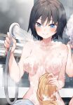  2girls akizuki_kei black_hair blue_eyes blush breasts closed_mouth collarbone commentary completely_nude foam holding holding_shower_head itou_chieri medium_breasts multiple_girls nude original short_hair shower_head smile solo_focus tokuno_yuika water wet wet_hair 