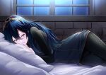 1girl ameno_(a_meno0) bangs bed black_sweater blue_eyes blue_hair blush fire_emblem fire_emblem_awakening hair_between_eyes indoors jewelry lips long_hair long_sleeves looking_down lucina_(fire_emblem) lying moonlight night on_bed on_side parted_lips pillow pink_lips ribbed_sweater solo sweater symbol-shaped_pupils teeth tiara window 