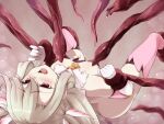  1girl ascot ass bangs blonde_hair blush boots breasts cape elbow_gloves fate/kaleid_liner_prisma_illya fate_(series) feather_hair_ornament feathers gloves hair_ornament illyasviel_von_einzbern layered_gloves long_hair open_mouth pink_footwear pink_gloves prisma_illya red_eyes restrained sidelocks small_breasts solo suspension tentacles thigh_boots thighhighs tohoho_(hoshinoyami) torn_clothes two_side_up white_cape white_gloves yellow_neckwear 