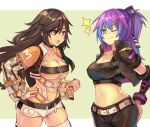  2girls abs aqua_eyes bangs belt black_eyes black_hair black_nails borrowed_character breasts cleavage commission cosplay costume_switch cowboy_shot eyebrows_visible_through_hair long_hair long_sleeves medium_breasts melody_(projektmelody) micro_shorts midriff multiple_girls navel one_eye_closed open_mouth original projektmelody purple_hair sera_(judgemint) short_sleeves shorts skeb_commission smile virtual_youtuber vshojo white_belt white_shorts yu_kitsune 