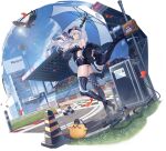  1girl artist_request ass asymmetrical_gloves azur_lane bare_shoulders bird black_footwear boots breasts cleavage commentary commentary_request eagle enterprise_(azur_lane) enterprise_(wind_catcher)_(azur_lane) eyewear_on_head full_body gloves hat high_heel_boots high_heels highres holding holding_umbrella jacket knee_boots kurumi_(recycllamo) large_breasts leotard long_hair looking_to_the_side manjuu_(azur_lane) off_shoulder official_alternate_costume official_art ponytail purple_eyes race_queen racetrack silver_hair standing sunglasses thigh_boots thighhighs transparent_background umbrella uneven_gloves 