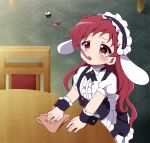  1girl animal_ears apron back_bow black_neckwear black_skirt black_vest bow bug center_frills chair eyebrows_visible_through_hair fake_animal_ears fleur_de_lapin_uniform fly frills gochuumon_wa_usagi_desu_ka? heart heart-shaped_pupils indoors long_hair long_tongue looking_up maid maid_headdress nail_polish natsu_megumi puffy_short_sleeves puffy_sleeves rabbit_ears red_eyes red_hair red_nails saliva shirt short_sleeves skirt skirt_set solo symbol-shaped_pupils table tile_floor tiles tongue tongue_out ts1016 vest white_bow white_shirt wrist_cuffs 