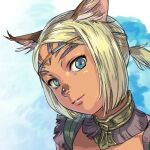  1girl animal_ear_fluff animal_ears avatar_(ff11) bangs blonde_hair blue_eyes blue_pupils cat_ears closed_mouth dark-skinned_female dark_skin face facial_mark final_fantasy final_fantasy_xi lips mithra_(ff11) no_eyebrows parted_bangs pink_lips short_hair solo upper_body yuccoshi 