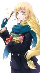  1girl blonde_hair box coat contemporary ebi_puri_(ebi-ebi) fingerless_gloves fire_emblem fire_emblem:_three_houses food food_in_mouth gloves green_eyes highres ingrid_brandl_galatea long_hair low-tied_long_hair pocky pocky_day scarf star_(symbol) too_many white_background winter_clothes winter_coat 