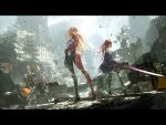  4girls balloon bare_shoulders blonde_hair city cyberpunk debris fen_bang_laoda frigg_(tower_of_fantasy) high_heels highres holding holding_stuffed_toy holding_sword holding_weapon iset_(tower_of_fantasy) jacket long_hair multiple_girls nemesis_(tower_of_fantasy) official_art outdoors pink_hair red_hair robot rubble ruins scenery seele_(tower_of_fantasy) short_hair silver_hair sitting skirt standing stuffed_toy sword thighhighs tower_of_fantasy weapon 