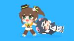  2girls :d =_= absurdres african_penguin_(kemono_friends) aqua_eyes black_hair blue_background blush brown_hair cat_hair_ornament chibi closed_eyes commentary crossover dragging hair_ornament hat highres hololive kemono_friends mini_hat mini_top_hat motyomi multiple_girls natsuiro_matsuri side_ponytail simple_background smile tilted_headwear top_hat virtual_youtuber walking 