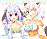  2girls animal_ears aoi_yun apron blue_eyes blue_hair blush bow breasts cat_ears eyebrows_visible_through_hair heart heart_hands large_breasts looking_at_viewer maid_apron maid_headdress multiple_girls one_eye_closed open_mouth original rabbit_ears red_eyes short_hair smile spoken_heart white_hair 