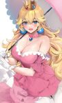  1girl bangs bare_shoulders blonde_hair blue_eyes blush breasts brooch cleavage collarbone commentary crown dress earrings gem gloves highres holding holding_umbrella jewelry large_breasts long_hair looking_at_viewer mario_(series) marushin_(denwa0214) off-shoulder_dress off_shoulder open_mouth parasol pink_dress princess_peach smile solo symbol-only_commentary umbrella white_gloves 