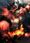  1boy animal_ears cat_boy cat_ears cat_tail claws colored_sclera commentary_request fire furry furry_male green_eyes incineroar looking_at_viewer male_focus muscular muscular_male pectorals pokemon pokemon_(creature) red_fur sharp_teeth sky_(sora_no_gomibako) solo tail teeth wiping_face yellow_sclera 