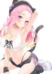  1girl animal_hat armpits blonde_hair blush breasts cat_hat cat_tail cleavage collarbone crop_top cross-laced_shirt gradient_hair hat highleg highleg_panties highres looking_at_viewer loose_socks medium_breasts midriff miniskirt multicolored_hair navel original panties pink_eyes pink_hair shirt shoes side_slit simple_background sitting skindentation skirt sleeveless sleeveless_shirt smile sneakers tail tank_top underwear wariza white_background white_tank_top wristband yoyoshi_renga 