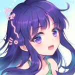  1girl bangs blue_hair blush child collarbone commentary dress eyebrows_visible_through_hair furude_rika green_dress higurashi_no_naku_koro_ni hime_cut long_hair looking_at_viewer nerune_j open_mouth purple_eyes sidelocks solo twitter_username 