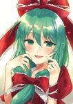  1girl blush bow commentary eyebrows_visible_through_hair green_eyes green_hair kagiyama_hina kirisita long_hair looking_at_viewer open_mouth red_bow red_ribbon ribbon smile touhou upper_body 