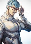  1boy angry artist_name blue_hair clenched_teeth curly_hair ghiaccio glasses holding holding_eyewear jacket jojo_no_kimyou_na_bouken k-suwabe long_sleeves looking_at_viewer male_focus short_hair simple_background solo teeth vento_aureo white_background white_jacket 