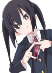  1girl :&lt; black_hair blush brown_eyes closed_mouth commentary eyebrows_visible_through_hair hair_between_eyes ixy k-on! long_hair long_sleeves looking_at_viewer nakano_azusa red_neckwear red_ribbon ribbon sakuragaoka_high_school_uniform school_uniform simple_background solo twintails white_background 