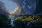  absurdres blue_sky cloud cloudy_sky commentary day dragon highres house krita_(medium) landscape lightning mountain no_humans original outdoors philipp_urlich river scenery sky tree water waterfall wyvern 