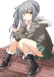  1girl black_footwear boots brick brown_eyes cellphone coat commentary_request cowboy_shot cross-laced_footwear fuji_(pixiv24804665) fur-trimmed_boots fur-trimmed_coat fur_trim grey_coat grey_hair grey_skirt highres holding holding_phone kantai_collection kasumi_(kancolle) lace-up_boots long_hair looking_at_viewer panties pantyshot partial_commentary phone pleated_skirt shirt silver_hair simple_background sitting skirt solo stairs underwear white_background white_panties white_shirt 