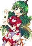  1girl :3 blush curly_hair eyebrows_visible_through_hair green_eyes green_hair horns kirisita komano_aunn long_hair looking_at_viewer one-hour_drawing_challenge open_mouth sandals shorts single_horn smile solo touhou 