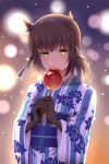  1girl black_bodysuit black_headband bodysuit breasts brown_hair candy_apple food hachimaki hair_flaps hatsuzuki_(kancolle) headband highres holding holding_food japanese_clothes kantai_collection kimono obi print_kimono sash short_hair small_breasts solo yellow_eyes yomogi_dango yukata 